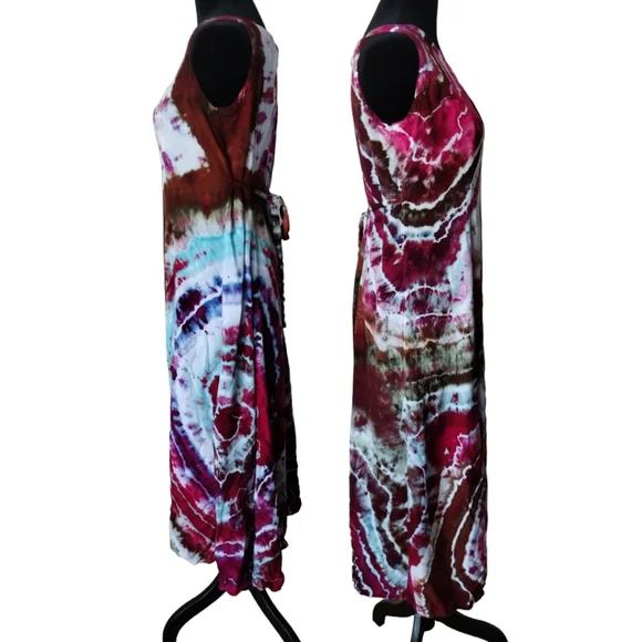 Small Maxi Length Tie Back Sleeveless Dress Geode Tie Dye Raspberry Lace - Picture 6 of 9